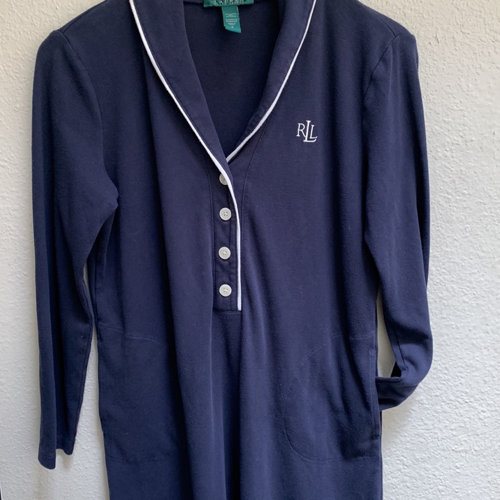 LAUREN Ralph Lauren long-sleeve Pajama dress Sz S Navy white Henley Winter Pjs - Picture 7 of 9